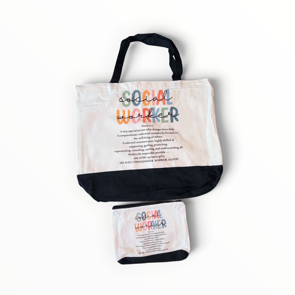 Colorful Social Worker Tote Bag Set OS White Black Zipper Canvas 2 Piece